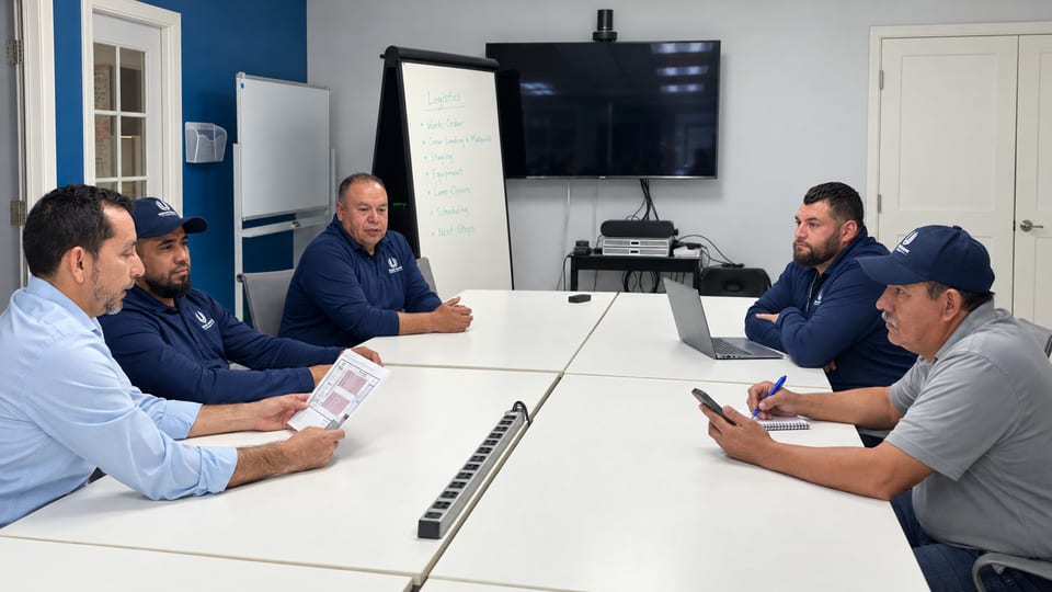 Five men, most in navy UFG pullovers, meet at white tables beside a flip chart headed Logistics, one holding a printout