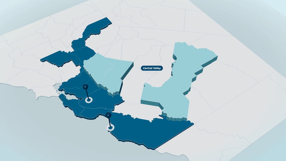 3D map of Northern California with the Central Valley region highlighted in pale blue and labelled, other regions dark blue