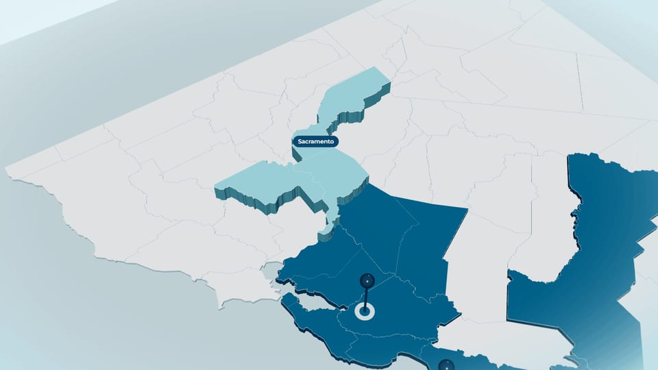3D map of Northern California with the Sacramento region highlighted in pale blue and labelled, other regions dark blue