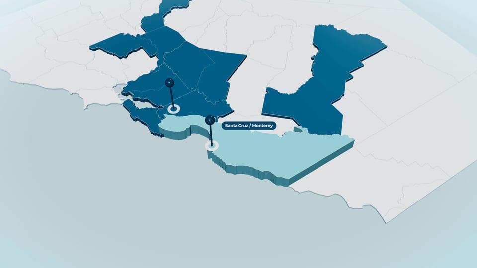 3D map of Northern California with the Santa Cruz and Monterey coast in pale blue and labelled, other regions dark blue