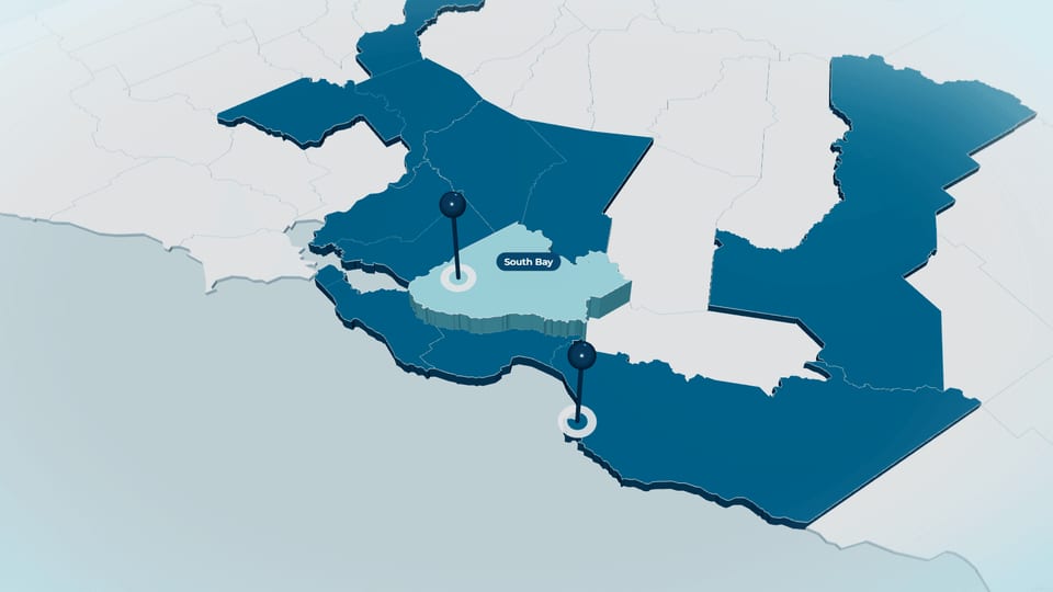 3D map of Northern California with the South Bay region highlighted in pale blue and labelled, other regions dark blue