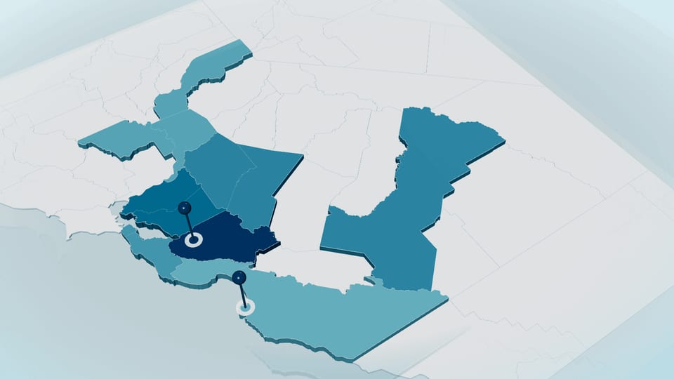 3D map of Northern California with six raised service regions in shades of blue and two location pins