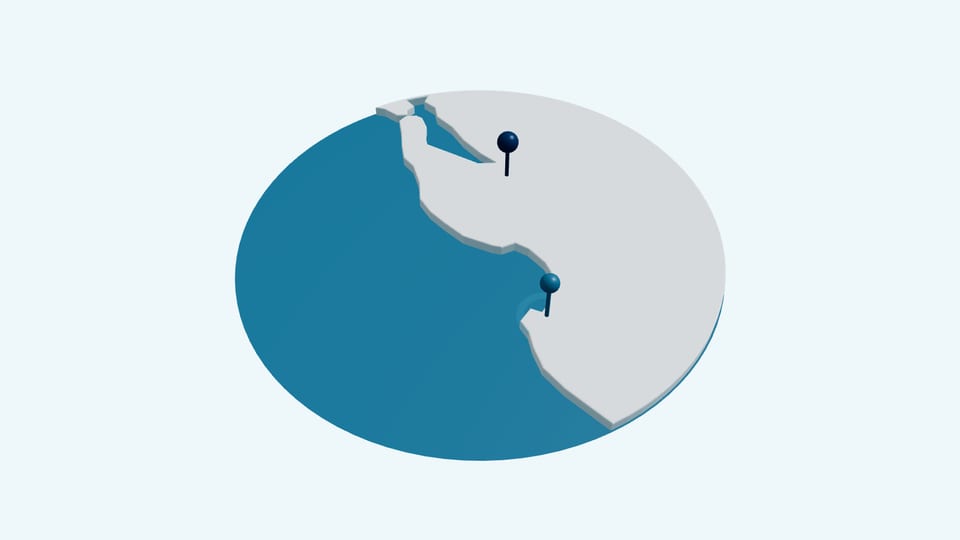 Tilted 3D globe with the Pacific in blue, the California coast in grey and two location pins