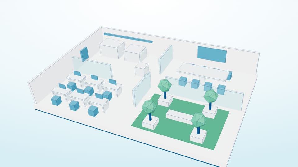 3D cutaway of an office floor with desks and chairs, meeting tables, glass partitions and a green planted lounge