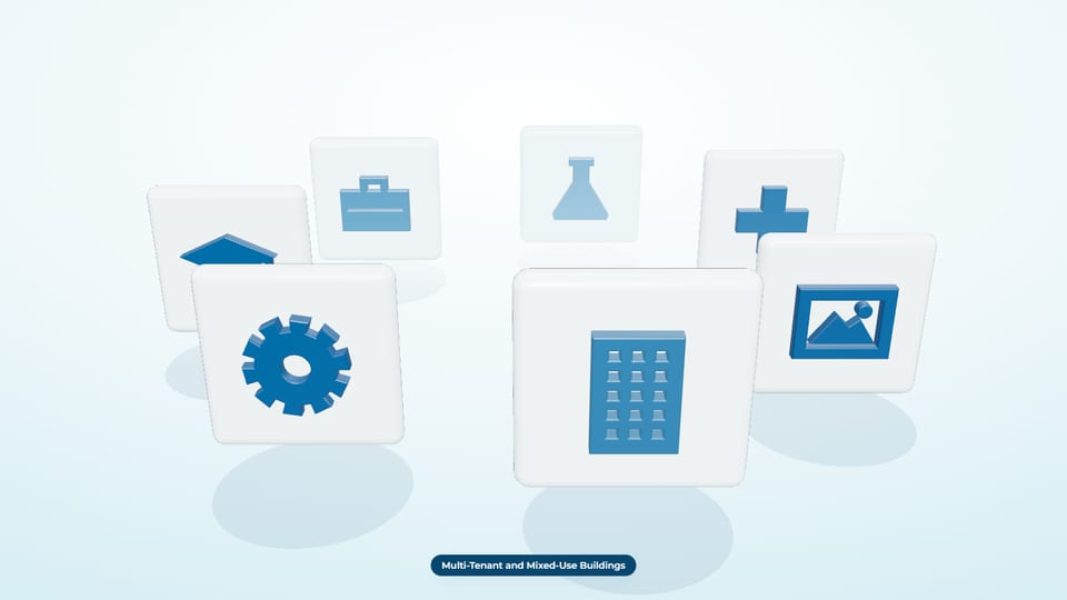 Seven 3D icon tiles in a ring with an office tower in front, labelled Multi-Tenant and Mixed-Use Buildings