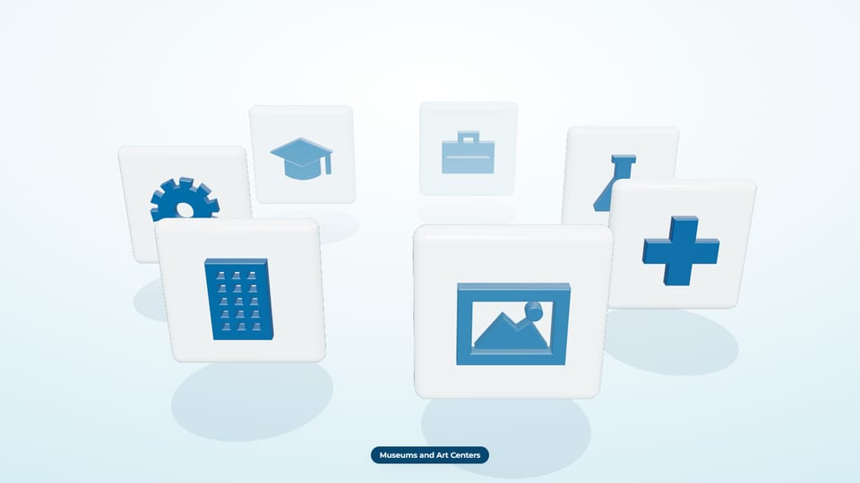 Seven 3D icon tiles in a ring with a framed picture in front, labelled Museums and Art Centers