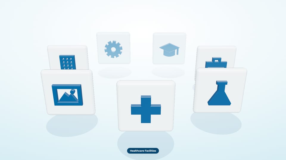 Seven 3D icon tiles in a ring for industries, with a cross for healthcare in front and the label Healthcare Facilities