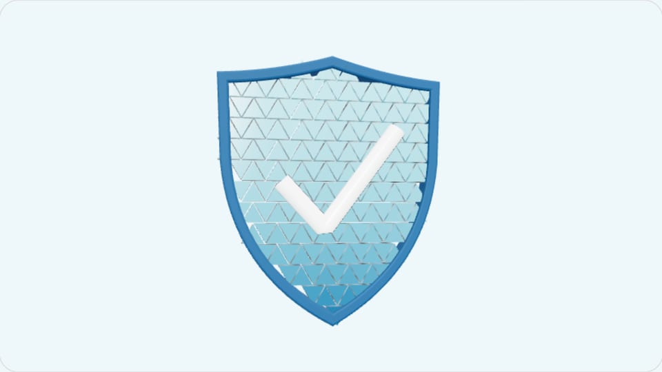 3D blue shield filled with a lattice of small triangles and a white check mark at its centre