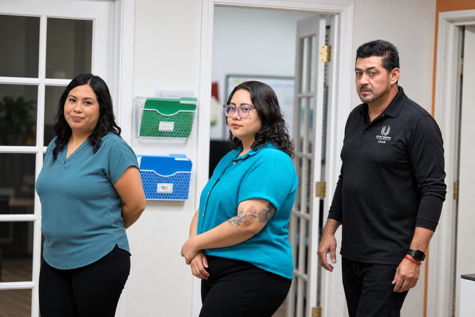Two women in teal tops and a man in a black UFG Coach polo stand in an office beside glazed doors and wall file holders